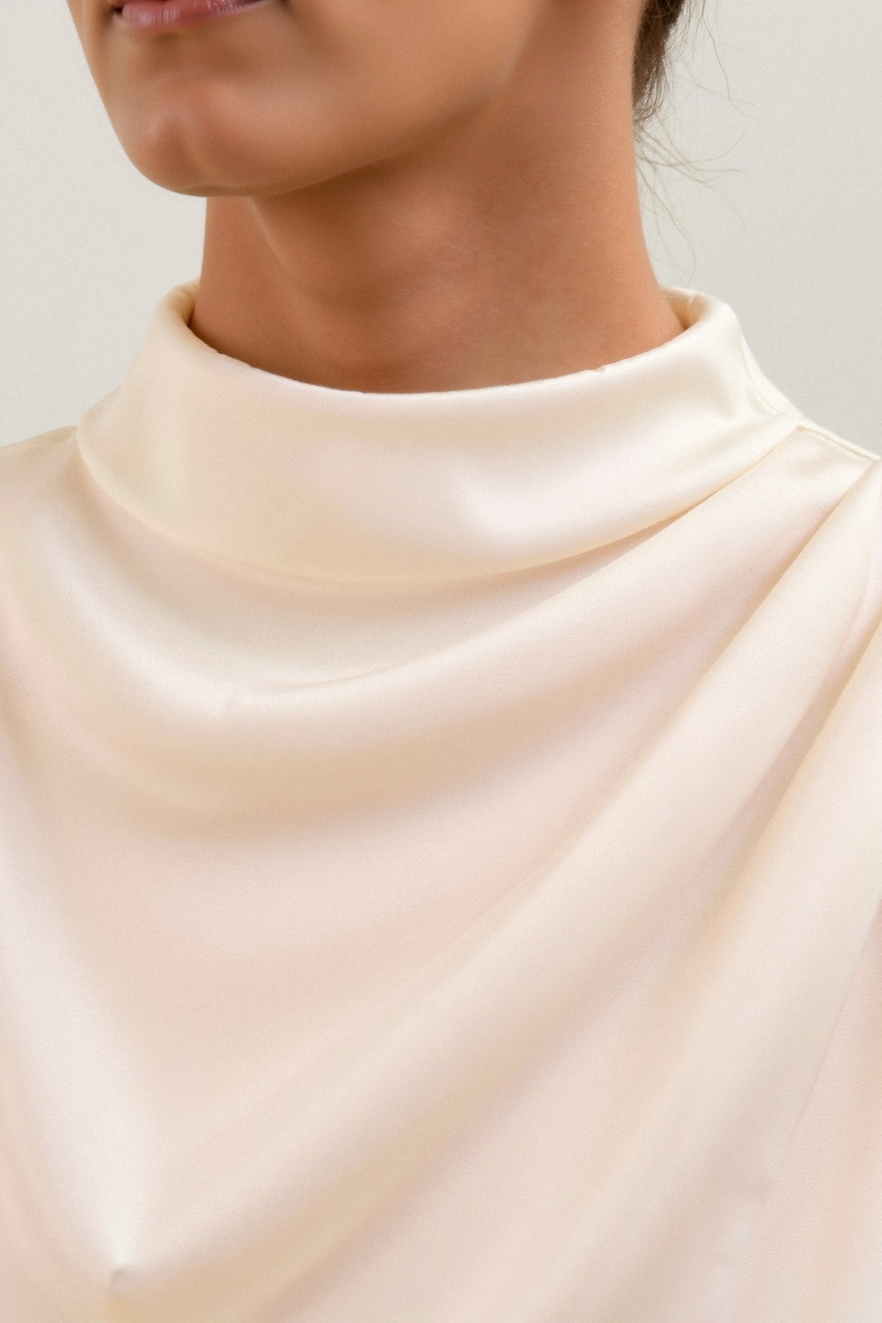 Old Money Plain Premium Solid Pleated Mock Neck Blouse