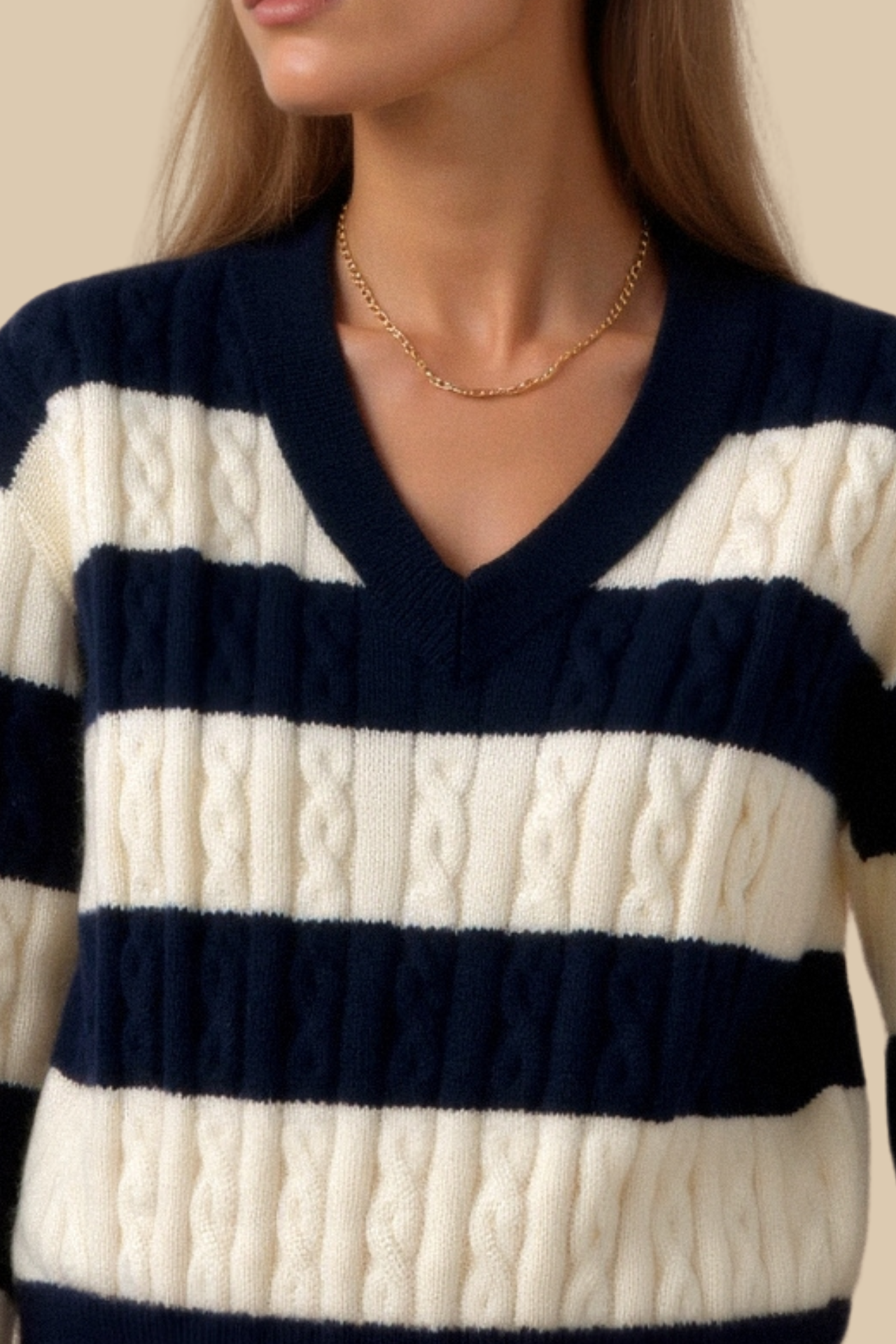 Old Money Cable Knit Color Block V Neck Elegant Drop Shoulder Sweater