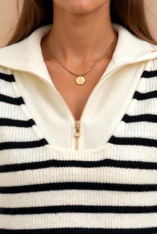 Elegant Heavy Striped Pattern Quarter Zip Collared Sweater