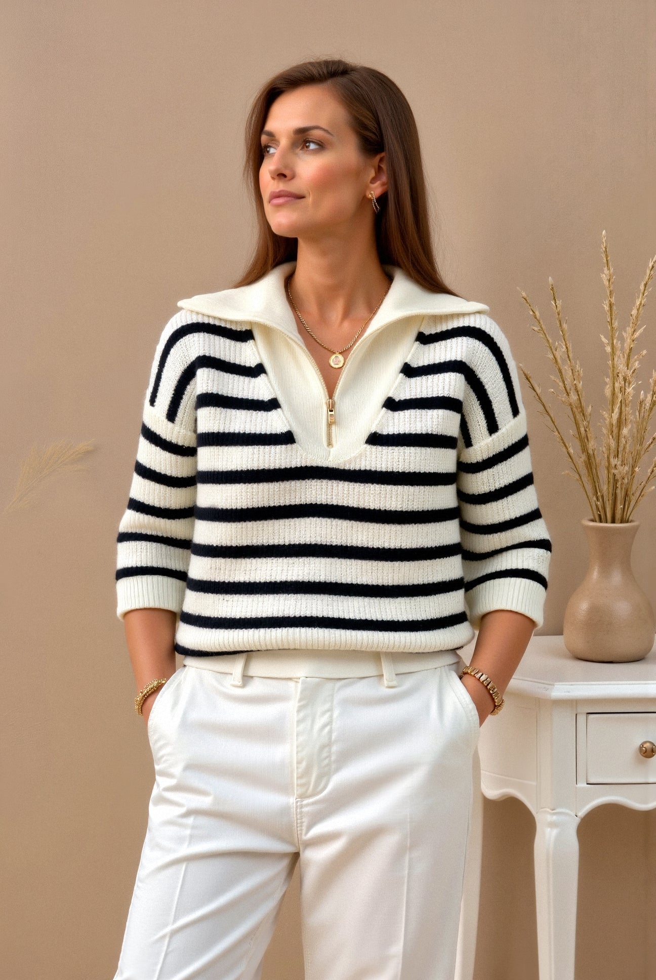 Elegant Heavy Striped Pattern Quarter Zip Collared Sweater