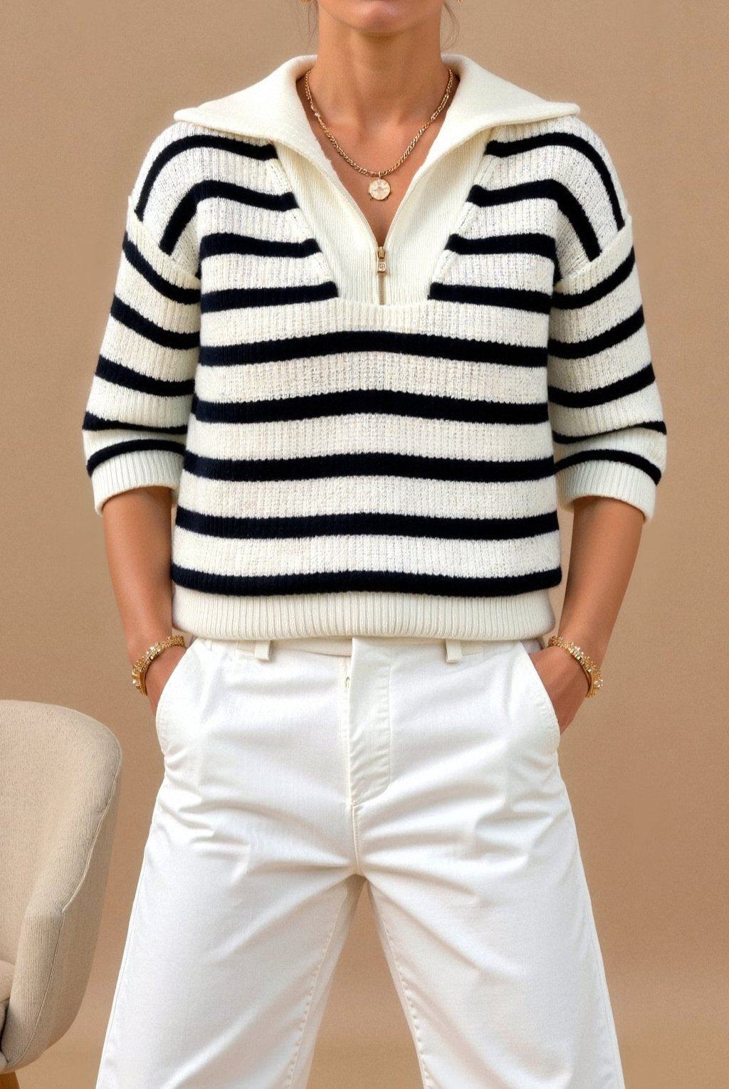 Elegant Heavy Striped Pattern Quarter Zip Collared Sweater